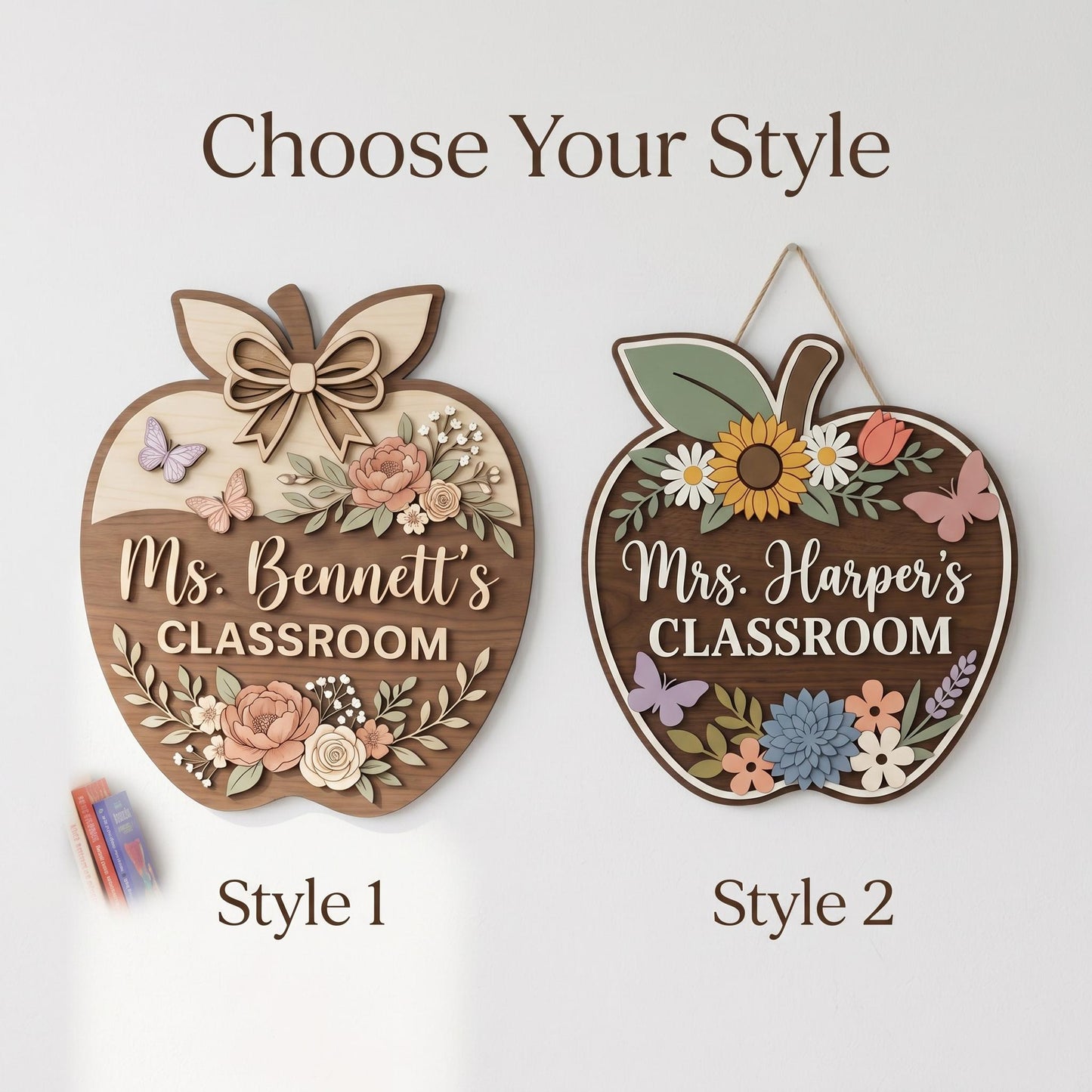 Personalized Teacher Apple Sign, Custom 3D Wood Classroom Door Decor, Floral Welcome Classroom Sign, Teacher Appreciation Gift, Wooden.