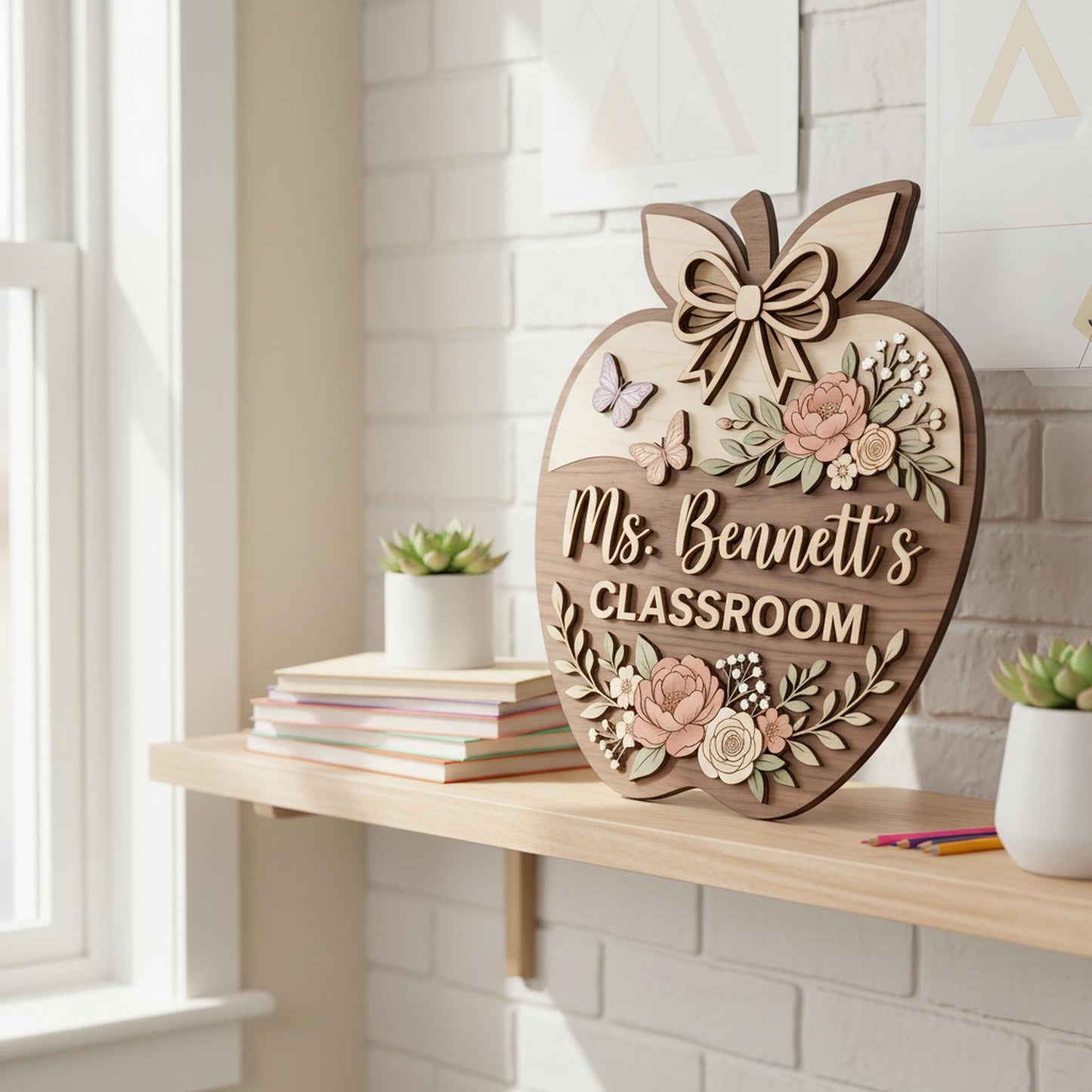 Personalized Teacher Apple Sign, Custom 3D Wood Classroom Door Decor, Floral Welcome Classroom Sign, Teacher Appreciation Gift, Wooden.