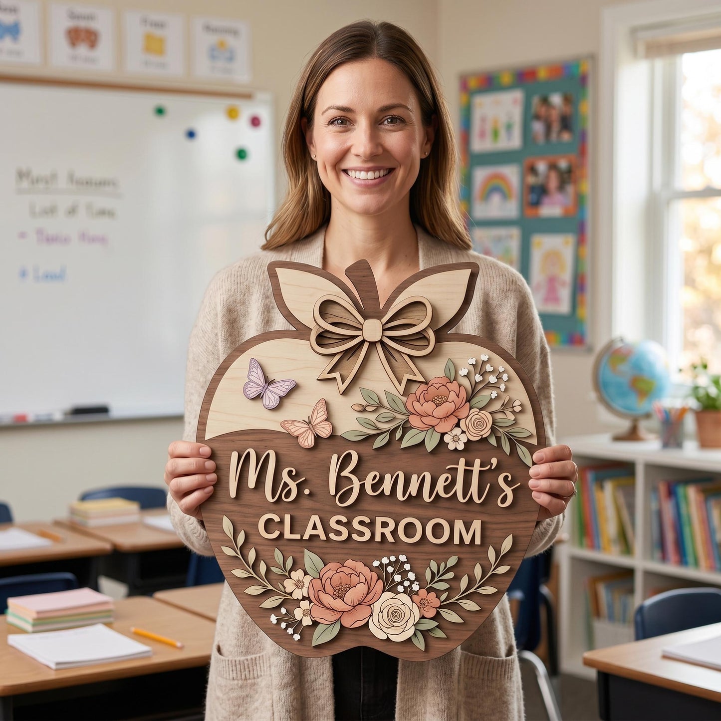 Personalized Teacher Apple Sign, Custom 3D Wood Classroom Door Decor, Floral Welcome Classroom Sign, Teacher Appreciation Gift, Wooden.
