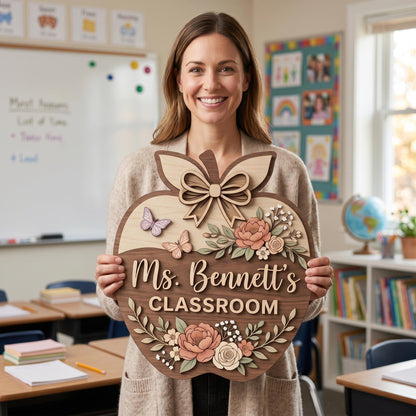 Personalized Teacher Apple Sign, Custom 3D Wood Classroom Door Decor, Floral Welcome Classroom Sign, Teacher Appreciation Gift, Wooden.