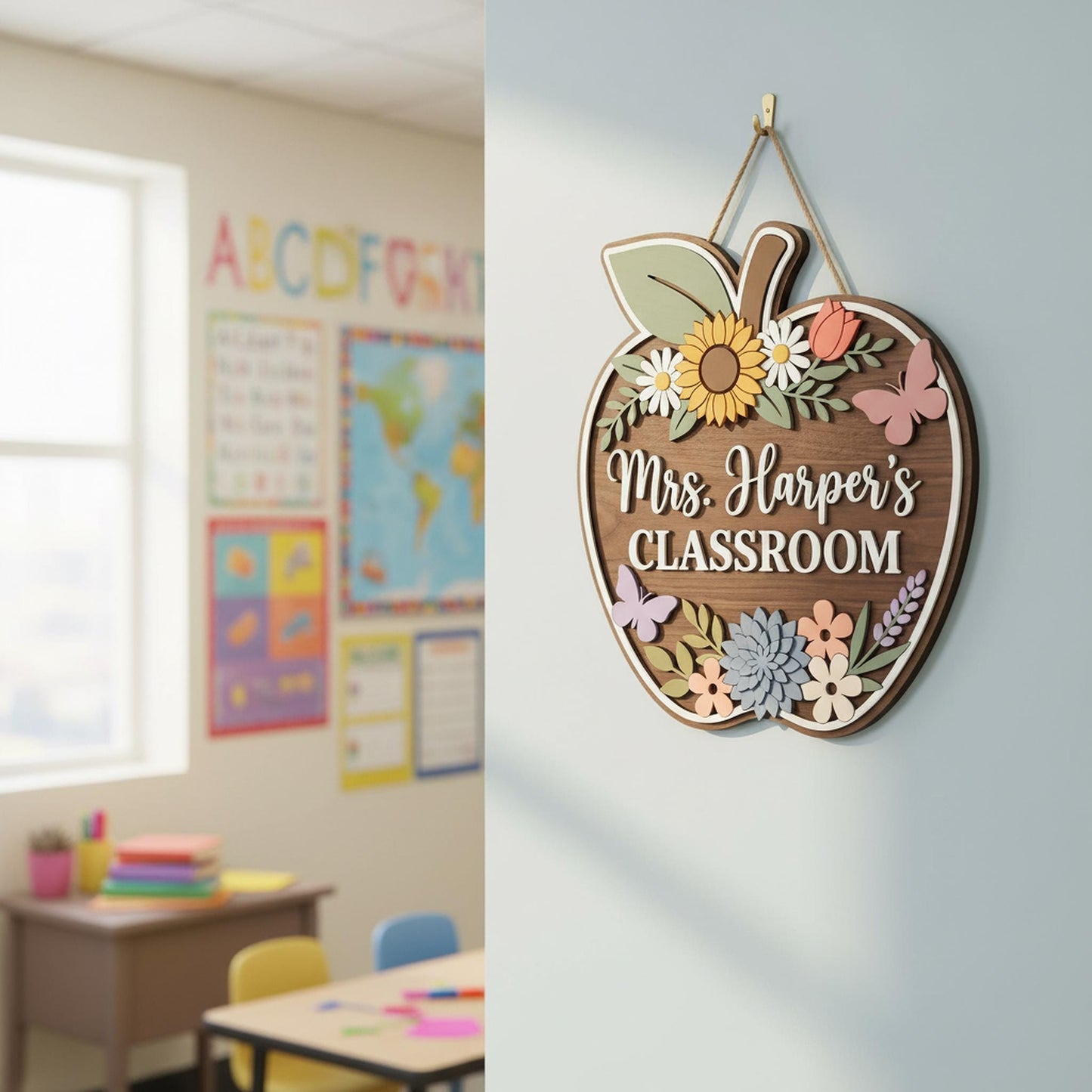Personalized Teacher Apple Sign, Custom 3D Wood Classroom Door Decor, Floral Welcome Classroom Sign, Teacher Appreciation Gift, Wooden.