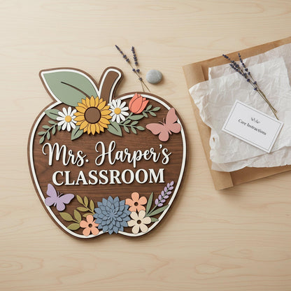 Personalized Teacher Apple Sign, Custom 3D Wood Classroom Door Decor, Floral Welcome Classroom Sign, Teacher Appreciation Gift, Wooden.