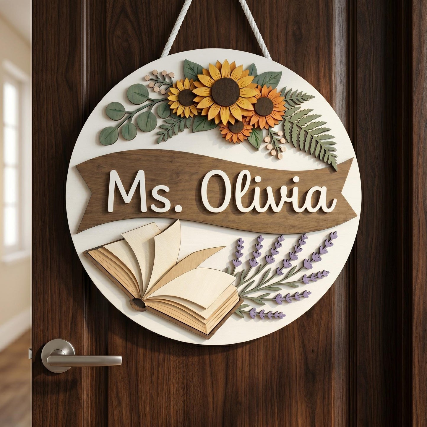 Personalized Teacher Classroom Name Sign, 3D Wood Floral Door Decor, Custom Teacher Appreciation Gift, Book Lover Wall Art, Flower Decor
