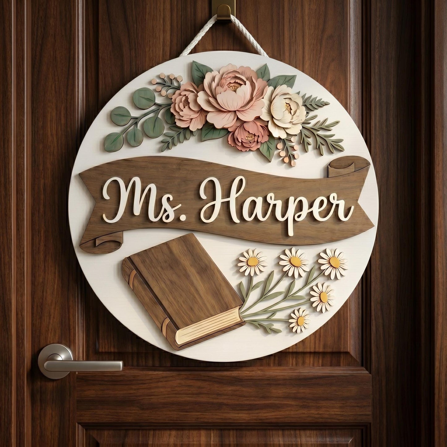 Personalized Teacher Classroom Name Sign, 3D Wood Floral Door Decor, Custom Teacher Appreciation Gift, Book Lover Wall Art, Flower Decor