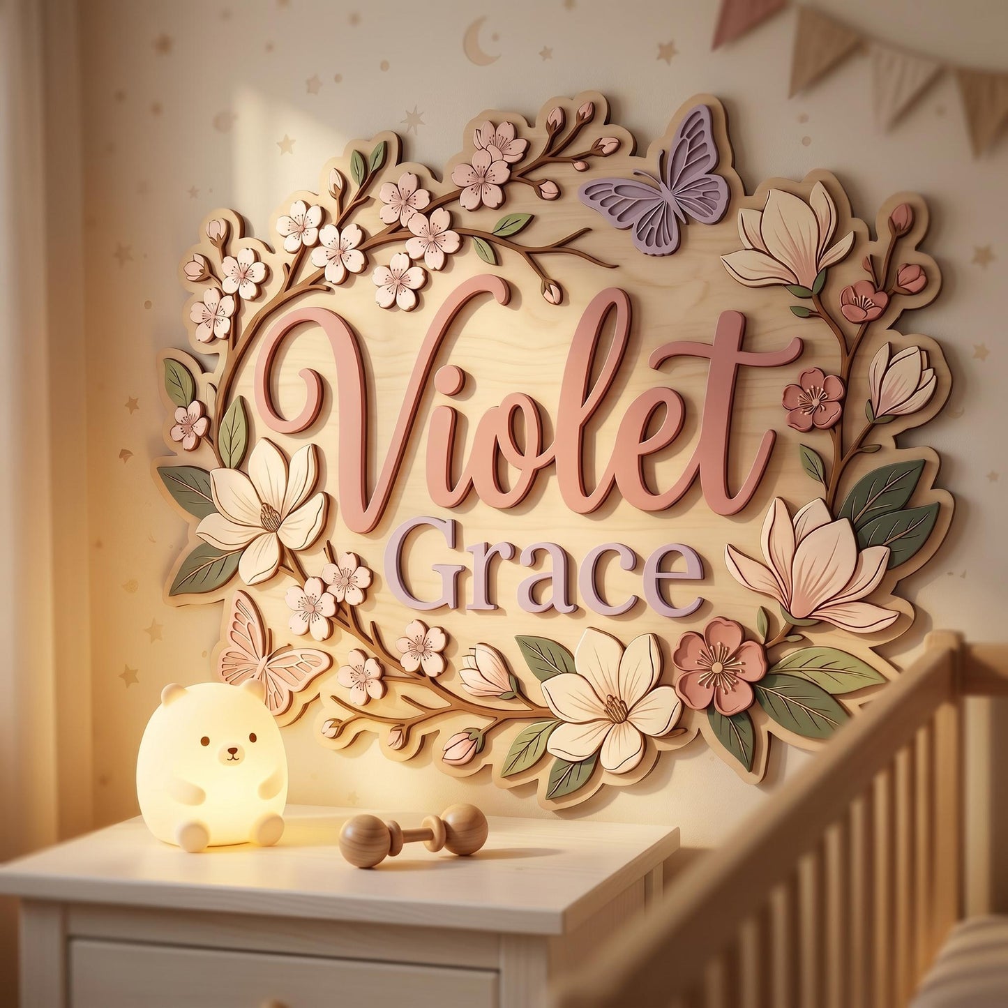 Custom Floral Baby Name Sign, 3D Wood Cherry Blossom Nursery Decor, Personalized Botanical Wall Art, Magnolia Flower Nursery Gift, Wood Sign