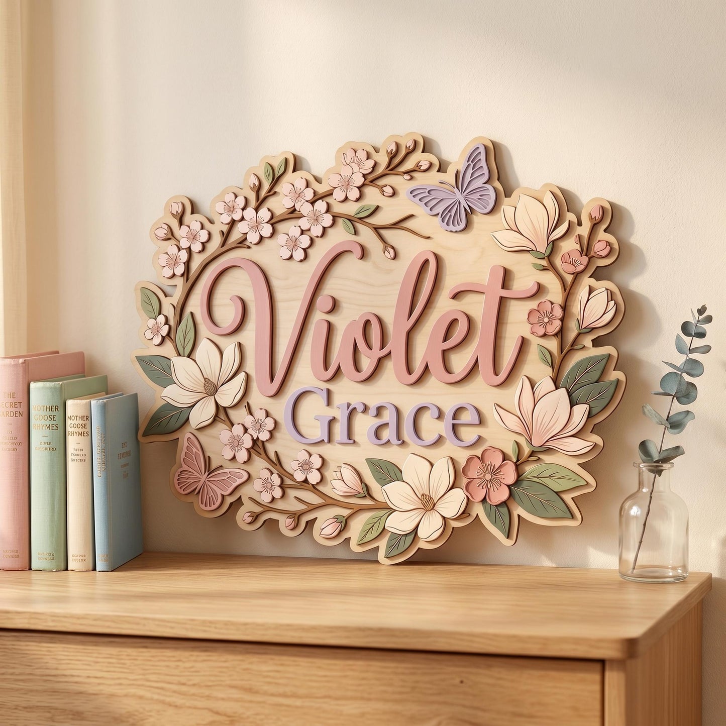 Custom Floral Baby Name Sign, 3D Wood Cherry Blossom Nursery Decor, Personalized Botanical Wall Art, Magnolia Flower Nursery Gift, Wood Sign