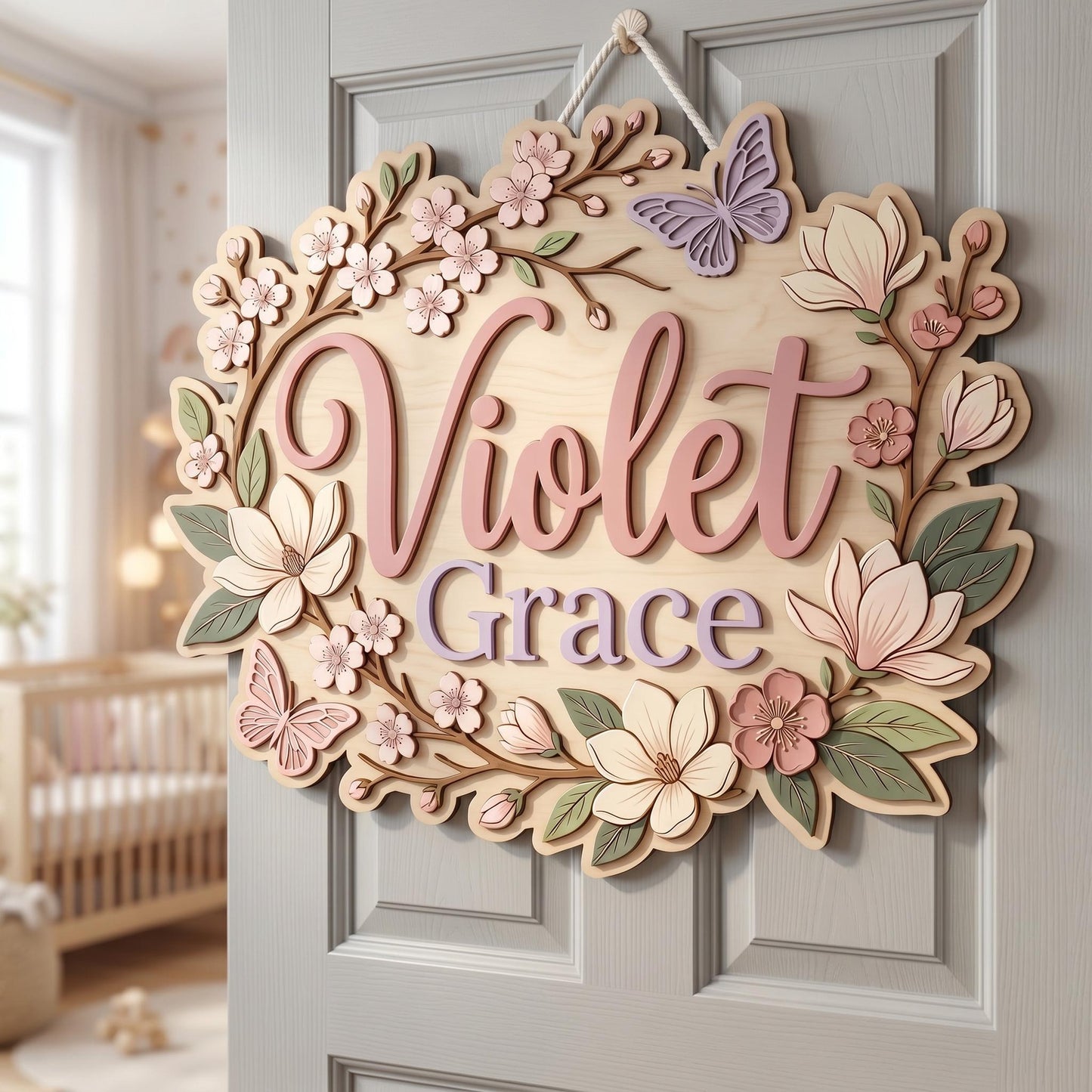 Custom Floral Baby Name Sign, 3D Wood Cherry Blossom Nursery Decor, Personalized Botanical Wall Art, Magnolia Flower Nursery Gift, Wood Sign