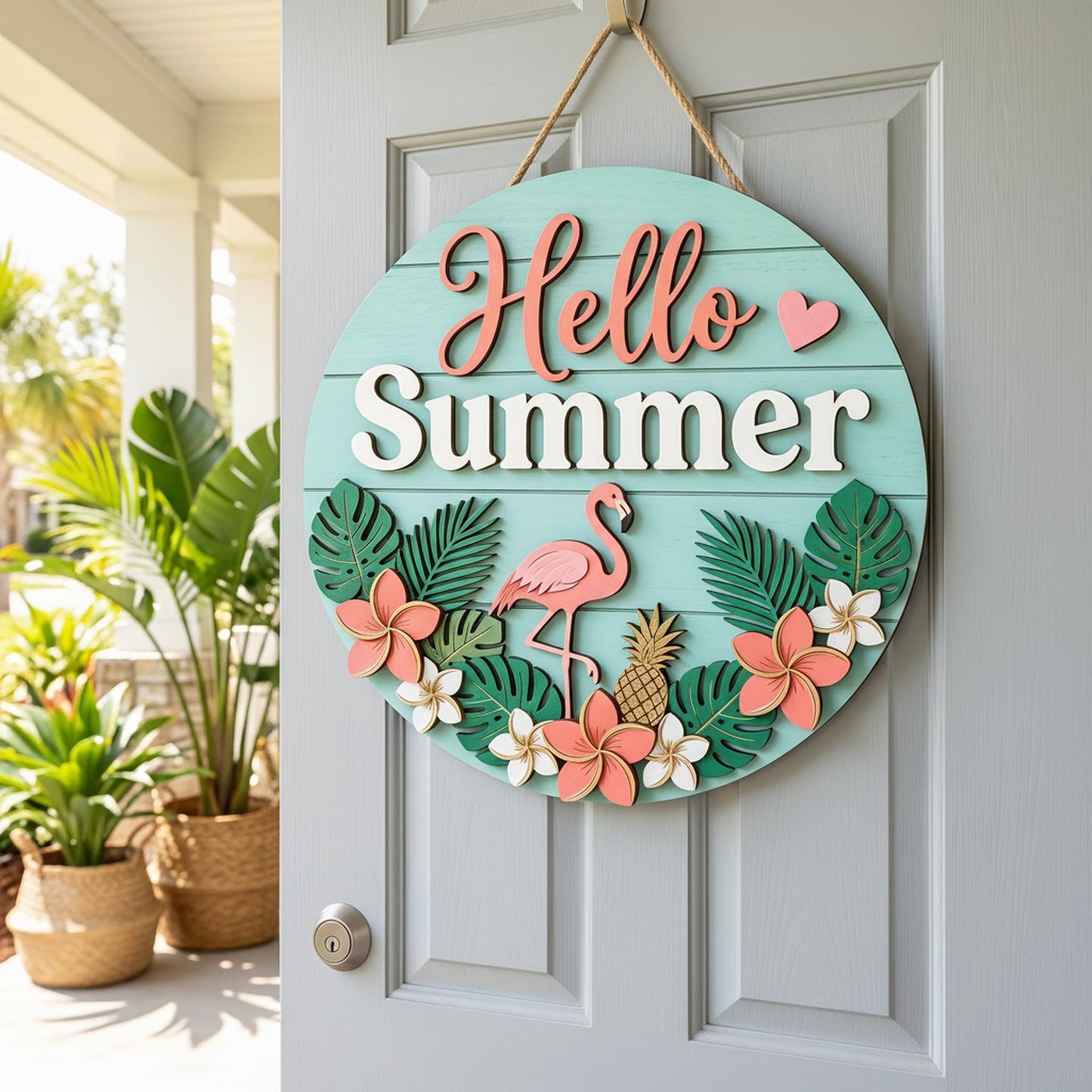 Personalized Summer Family Name Sign 3D, Custom Beach House Wood Door Hanger, Tropical Hawaiian Patio Decor, Pool Party Housewarming Gift