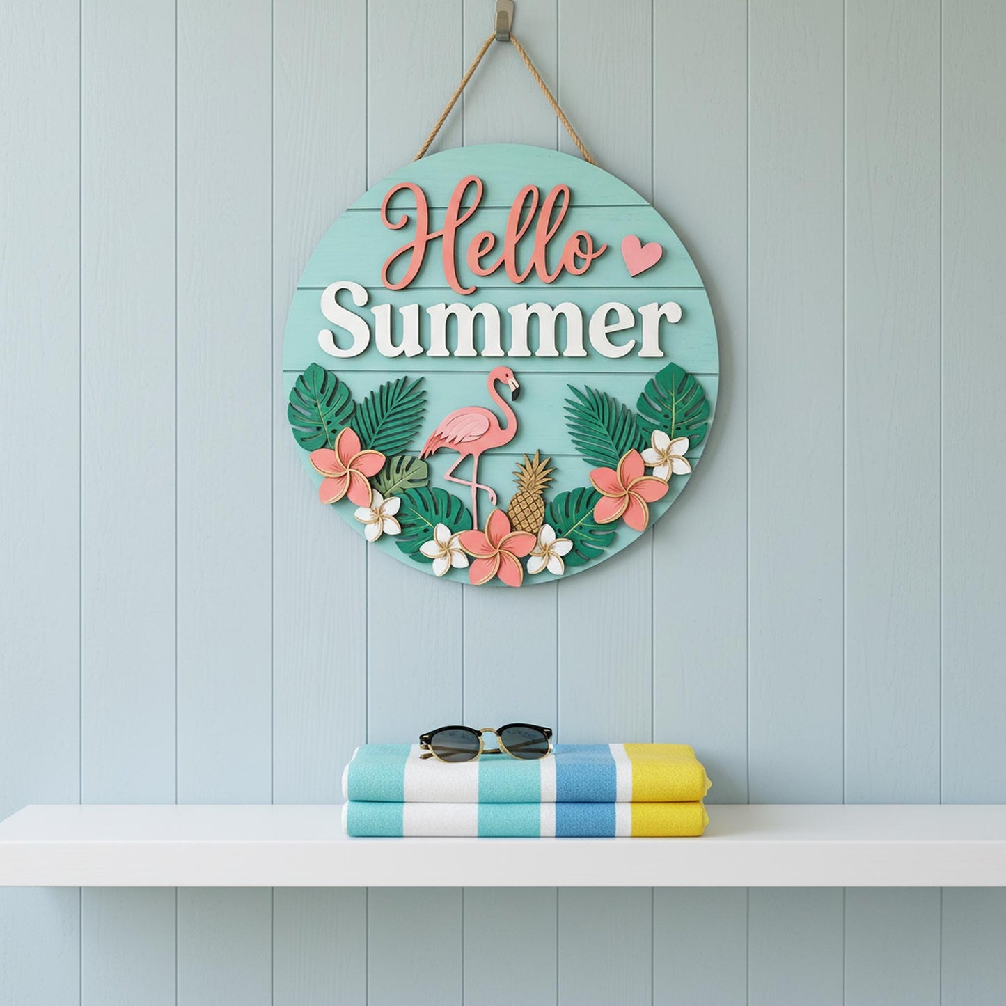Personalized Summer Family Name Sign 3D, Custom Beach House Wood Door Hanger, Tropical Hawaiian Patio Decor, Pool Party Housewarming Gift