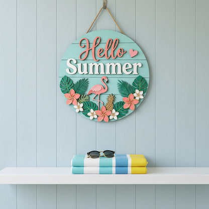 Personalized Summer Family Name Sign 3D, Custom Beach House Wood Door Hanger, Tropical Hawaiian Patio Decor, Pool Party Housewarming Gift
