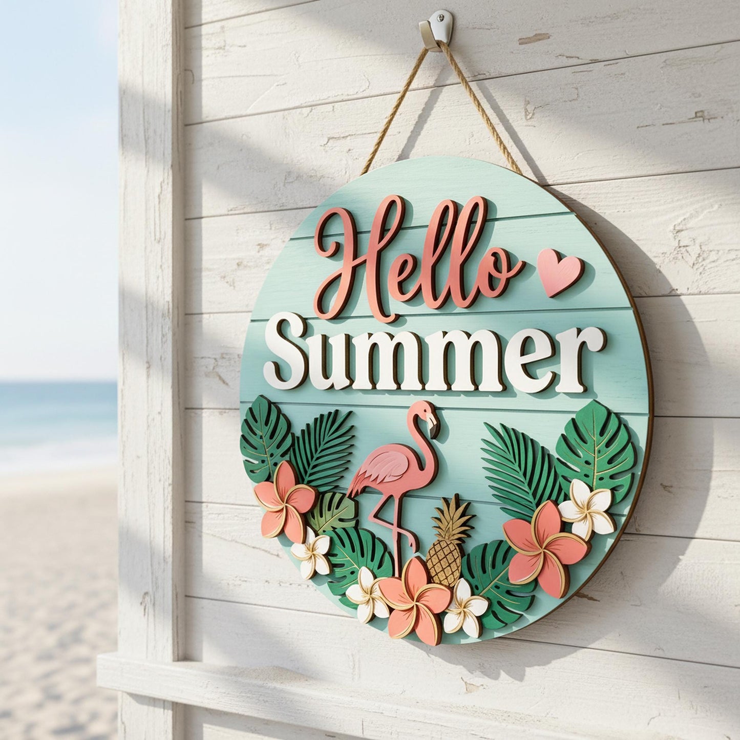 Personalized Summer Family Name Sign 3D, Custom Beach House Wood Door Hanger, Tropical Hawaiian Patio Decor, Pool Party Housewarming Gift