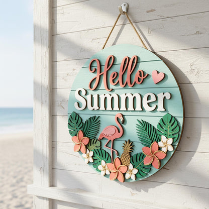 Personalized Summer Family Name Sign 3D, Custom Beach House Wood Door Hanger, Tropical Hawaiian Patio Decor, Pool Party Housewarming Gift