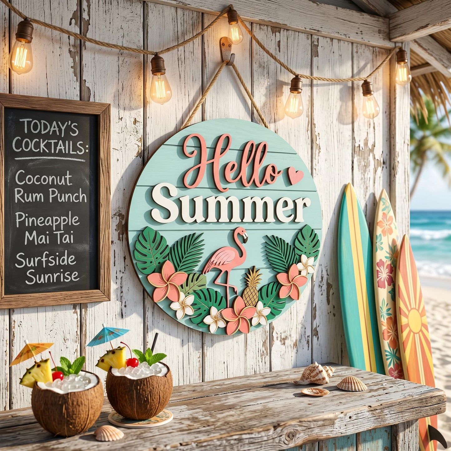 Personalized Summer Family Name Sign 3D, Custom Beach House Wood Door Hanger, Tropical Hawaiian Patio Decor, Pool Party Housewarming Gift