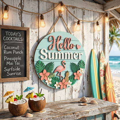 Personalized Summer Family Name Sign 3D, Custom Beach House Wood Door Hanger, Tropical Hawaiian Patio Decor, Pool Party Housewarming Gift