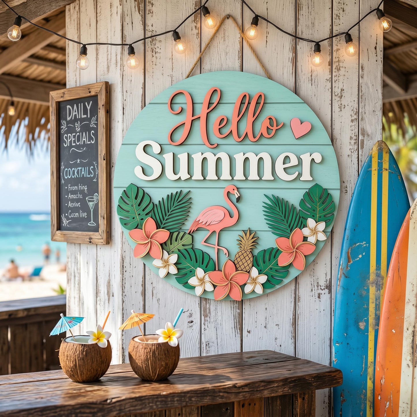 Personalized Summer Family Name Sign 3D, Custom Beach House Wood Door Hanger, Tropical Hawaiian Patio Decor, Pool Party Housewarming Gift