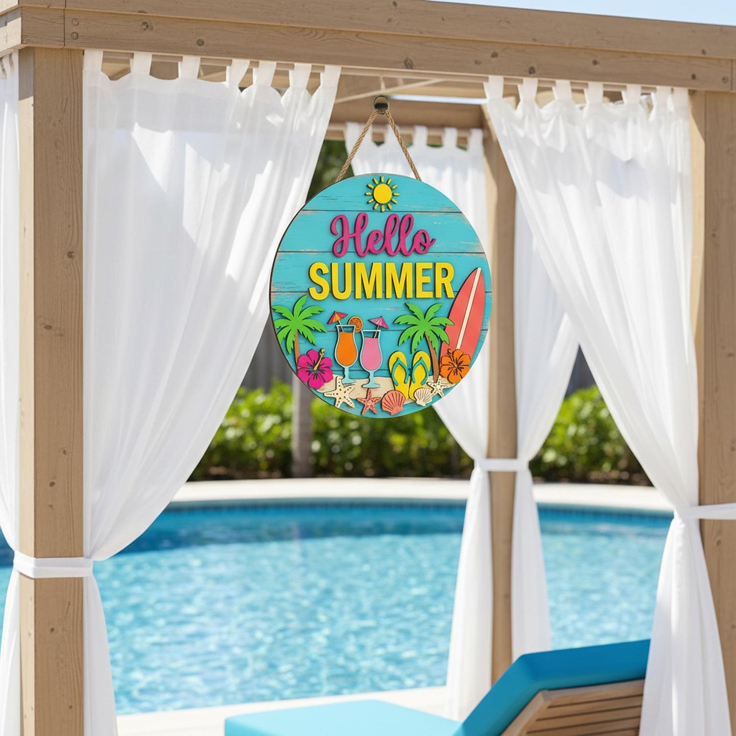 Custom Summer Welcome Sign 3D, Personalized Beach House Wood Door Hanger, Tropical Surfboard Patio Wall Art, Poolside Outdoor Gift Ideas