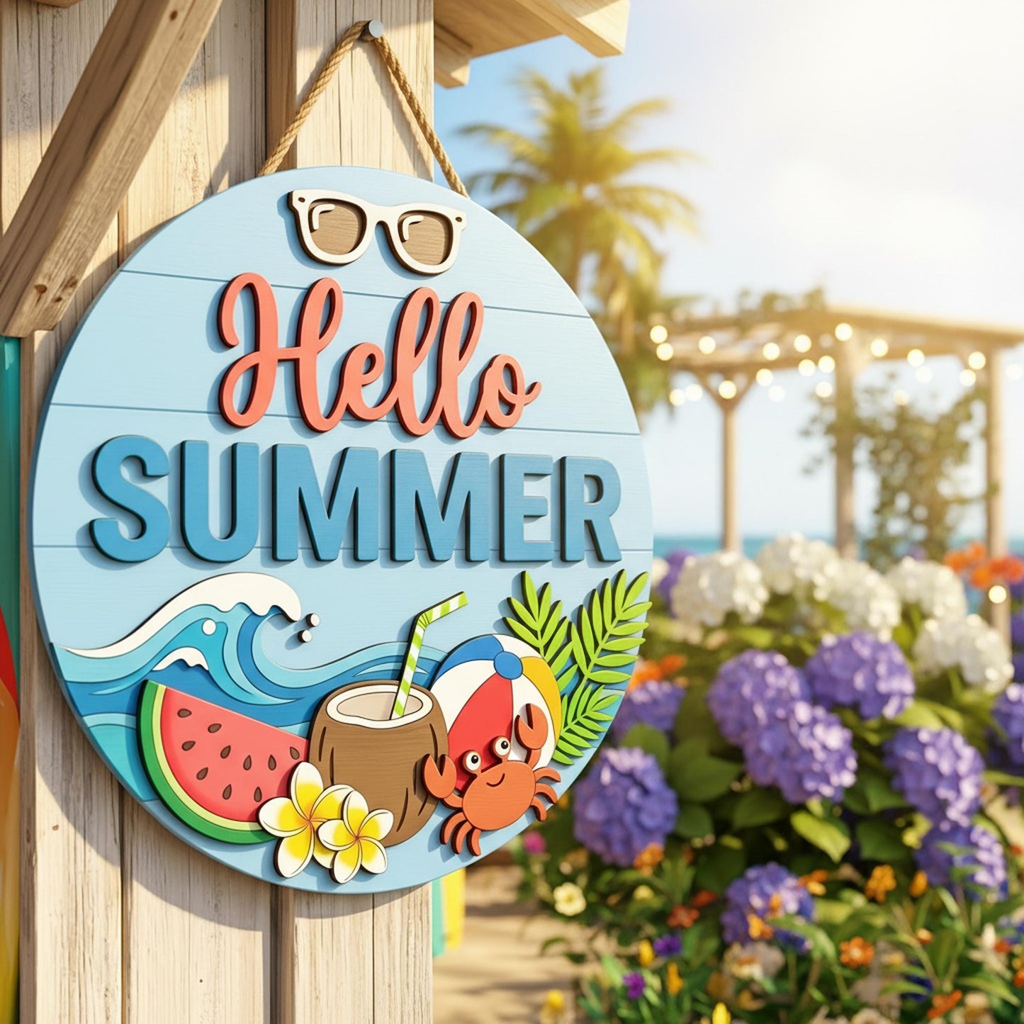 Personalized Summer Family Name Sign 3D, Custom Cute Beach Wood Door Hanger, Tropical Crab Patio Decor, Pool Party Housewarming Gift Ideas