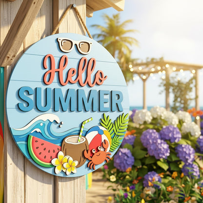 Personalized Summer Family Name Sign 3D, Custom Cute Beach Wood Door Hanger, Tropical Crab Patio Decor, Pool Party Housewarming Gift Ideas