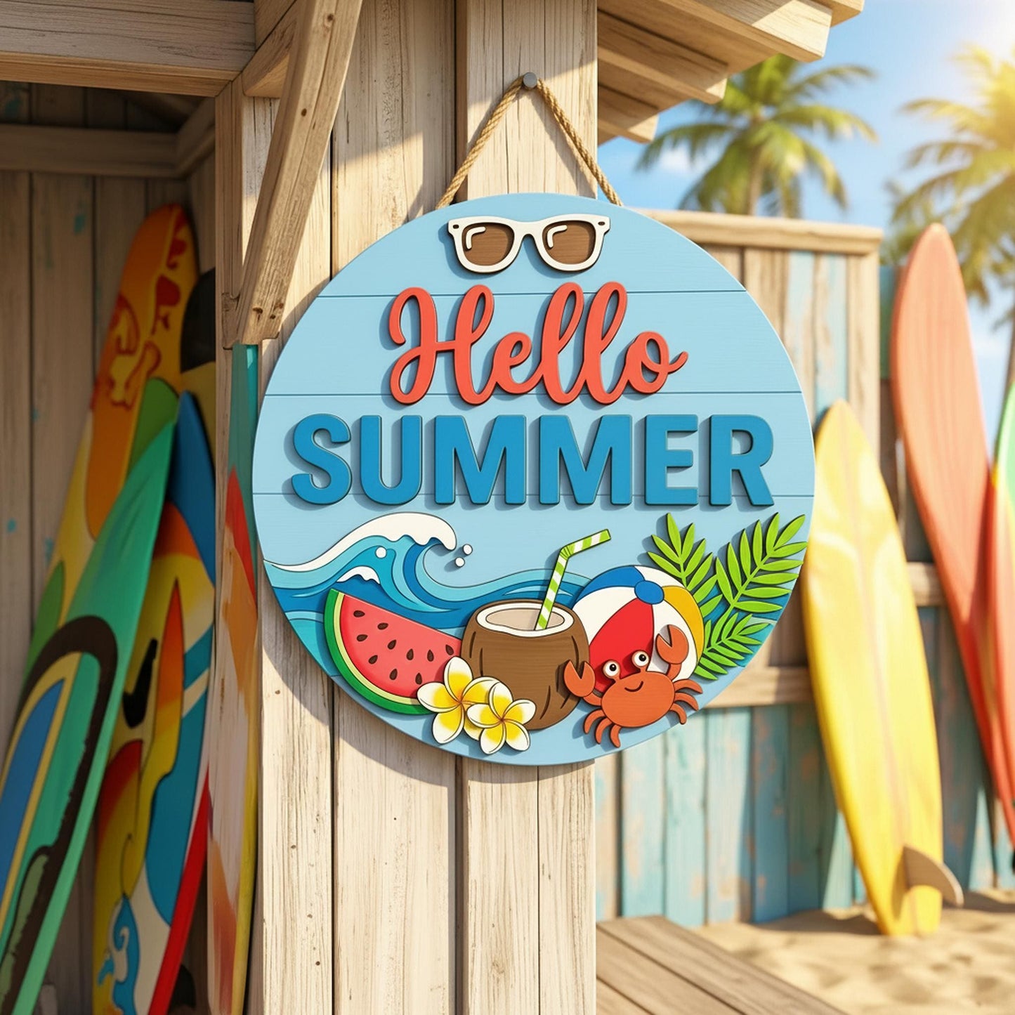 Personalized Summer Family Name Sign 3D, Custom Cute Beach Wood Door Hanger, Tropical Crab Patio Decor, Pool Party Housewarming Gift Ideas