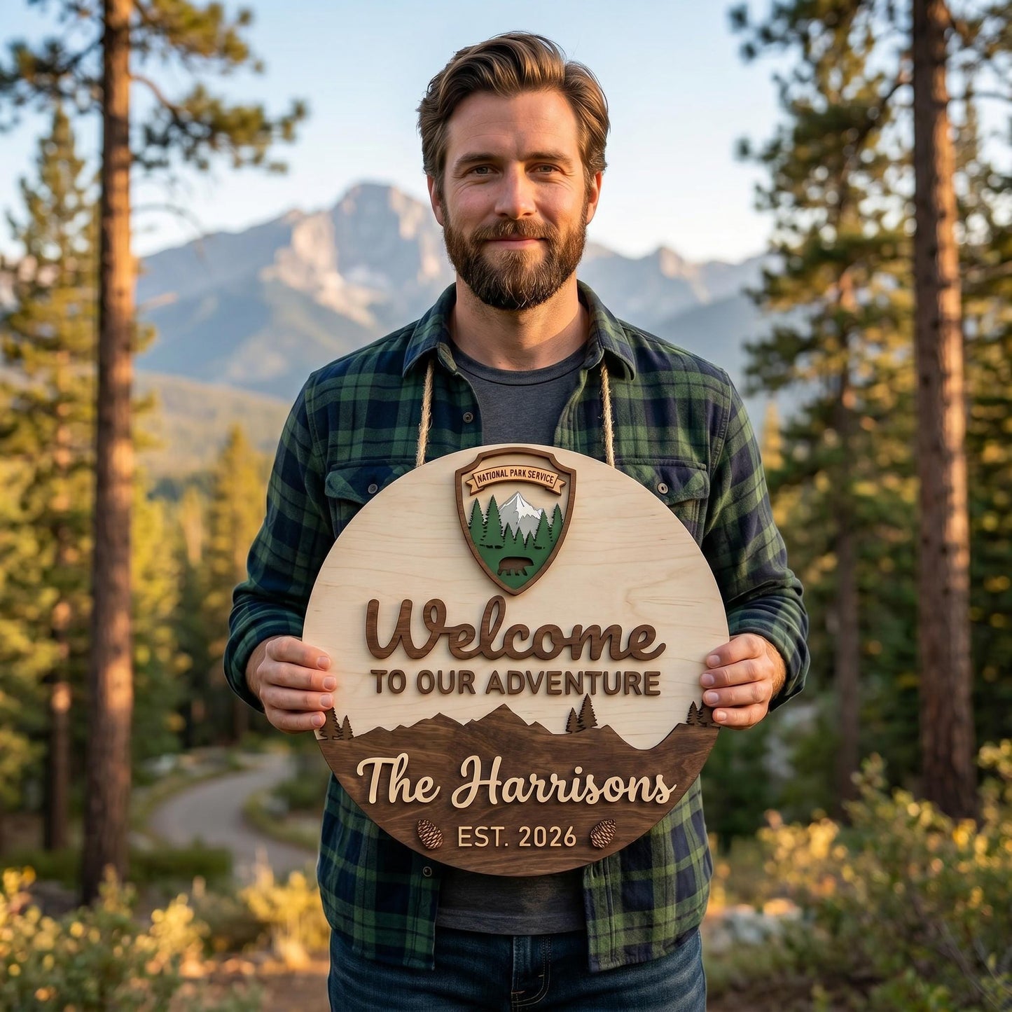 Custom National Park Welcome Sign 3D, Personalized NPS Inspired Family Name Wood Door Hanger, Rustic Mountain Cabin Decor, New Home Gift