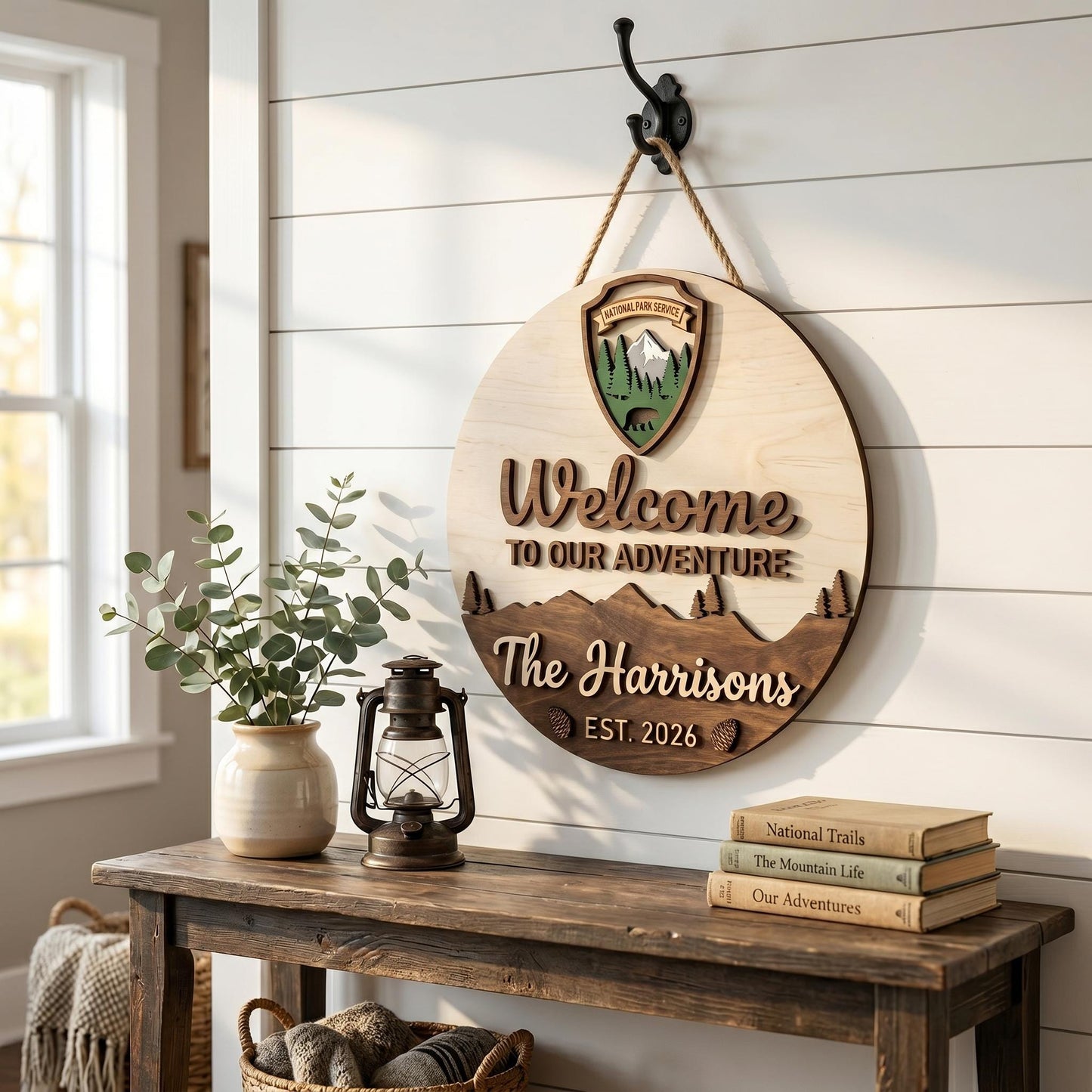 Custom National Park Welcome Sign 3D, Personalized NPS Inspired Family Name Wood Door Hanger, Rustic Mountain Cabin Decor, New Home Gift