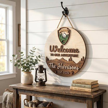 Custom National Park Welcome Sign 3D, Personalized NPS Inspired Family Name Wood Door Hanger, Rustic Mountain Cabin Decor, New Home Gift