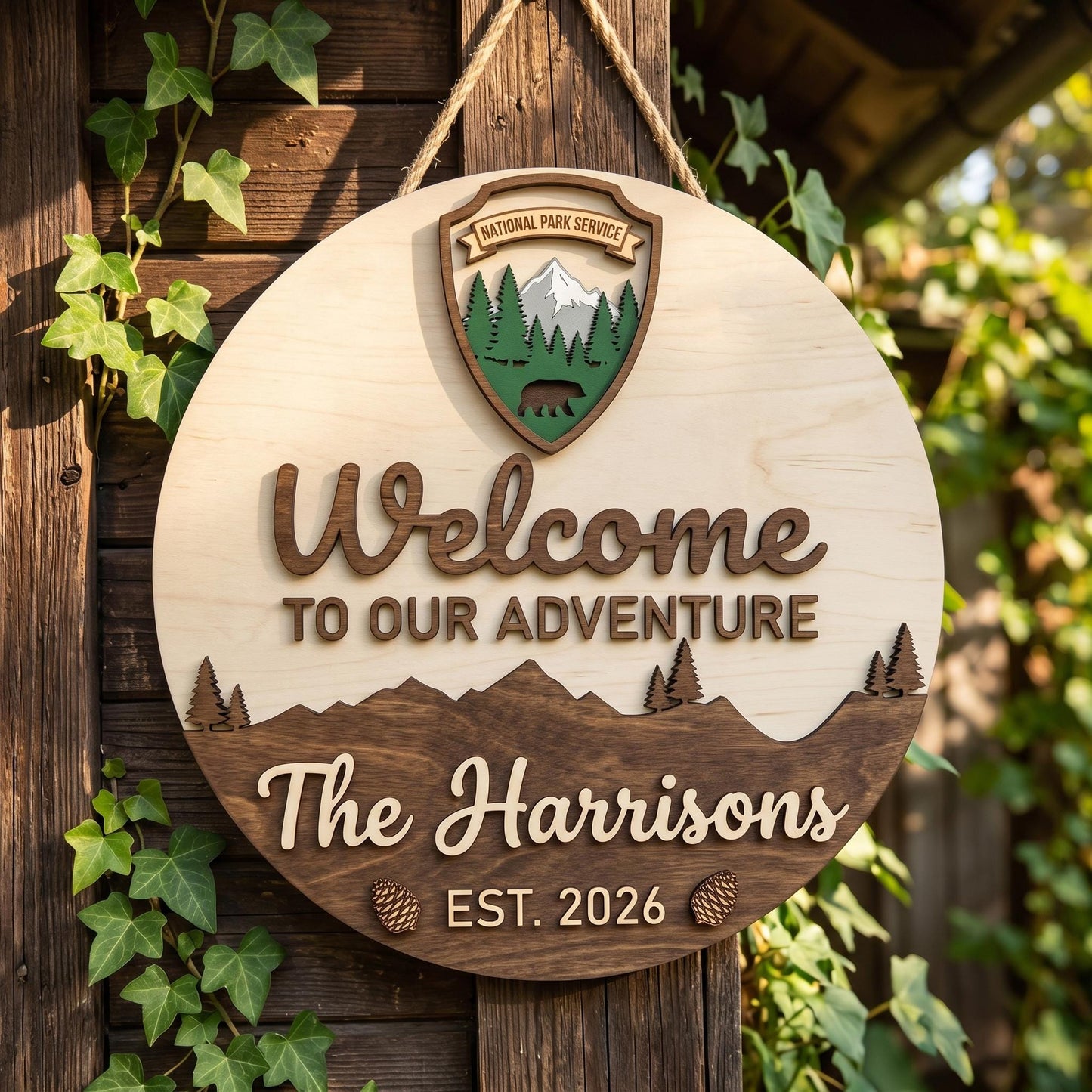 Custom National Park Welcome Sign 3D, Personalized NPS Inspired Family Name Wood Door Hanger, Rustic Mountain Cabin Decor, New Home Gift