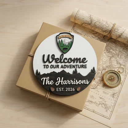 Custom National Park Welcome Sign 3D, Personalized NPS Inspired Family Name Wood Door Hanger, Rustic Mountain Cabin Decor, New Home Gift
