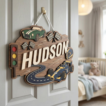 Personalized Racing Theme Nursery Name Sign, Custom 3D Wood Race Car Baby Room Decor, Toddler Boy Playroom Wall Art, New Parents Gift Ideas