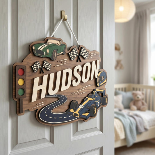 Personalized Racing Theme Nursery Name Sign, Custom 3D Wood Race Car Baby Room Decor, Toddler Boy Playroom Wall Art, New Parents Gift Ideas