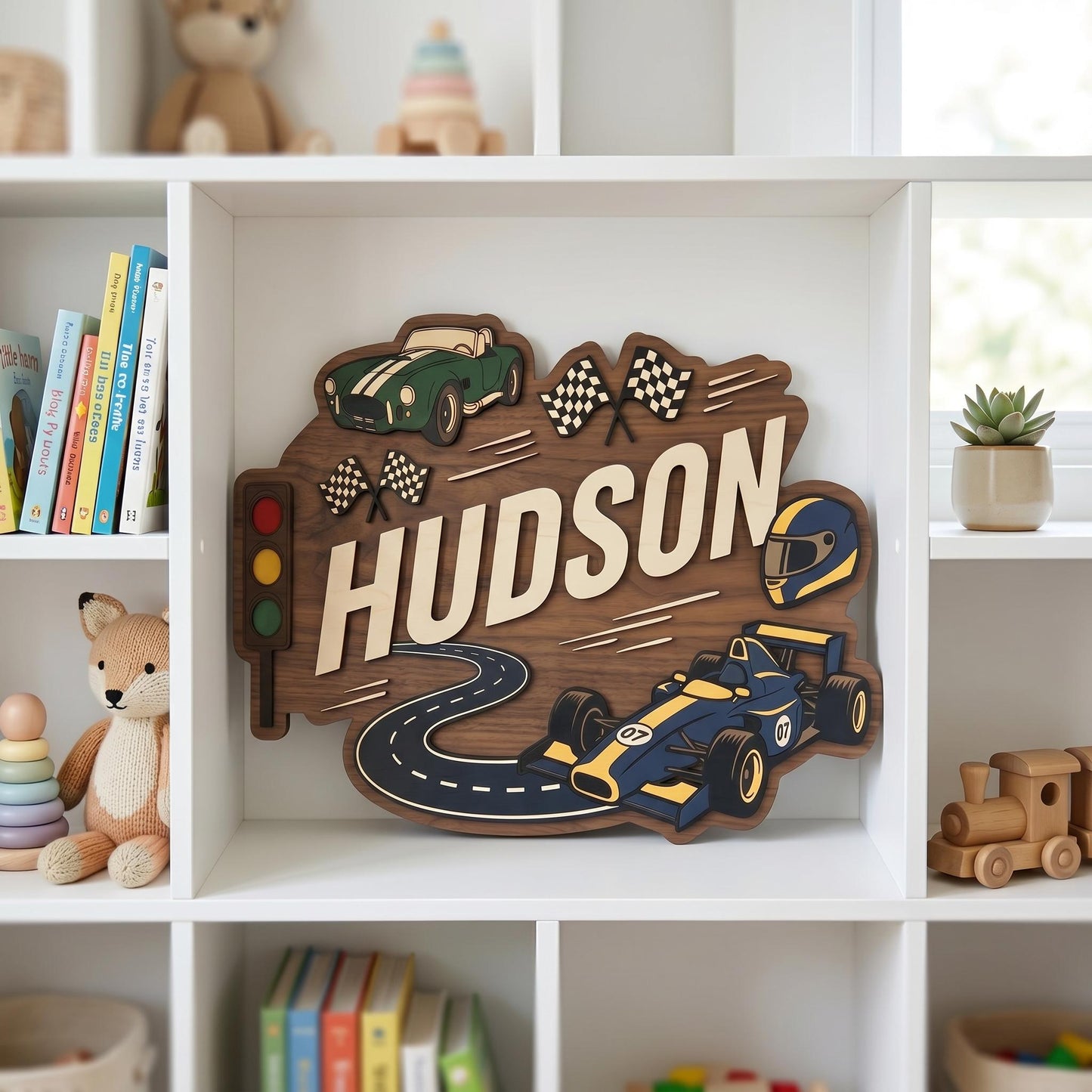 Personalized Racing Theme Nursery Name Sign, Custom 3D Wood Race Car Baby Room Decor, Toddler Boy Playroom Wall Art, New Parents Gift Ideas