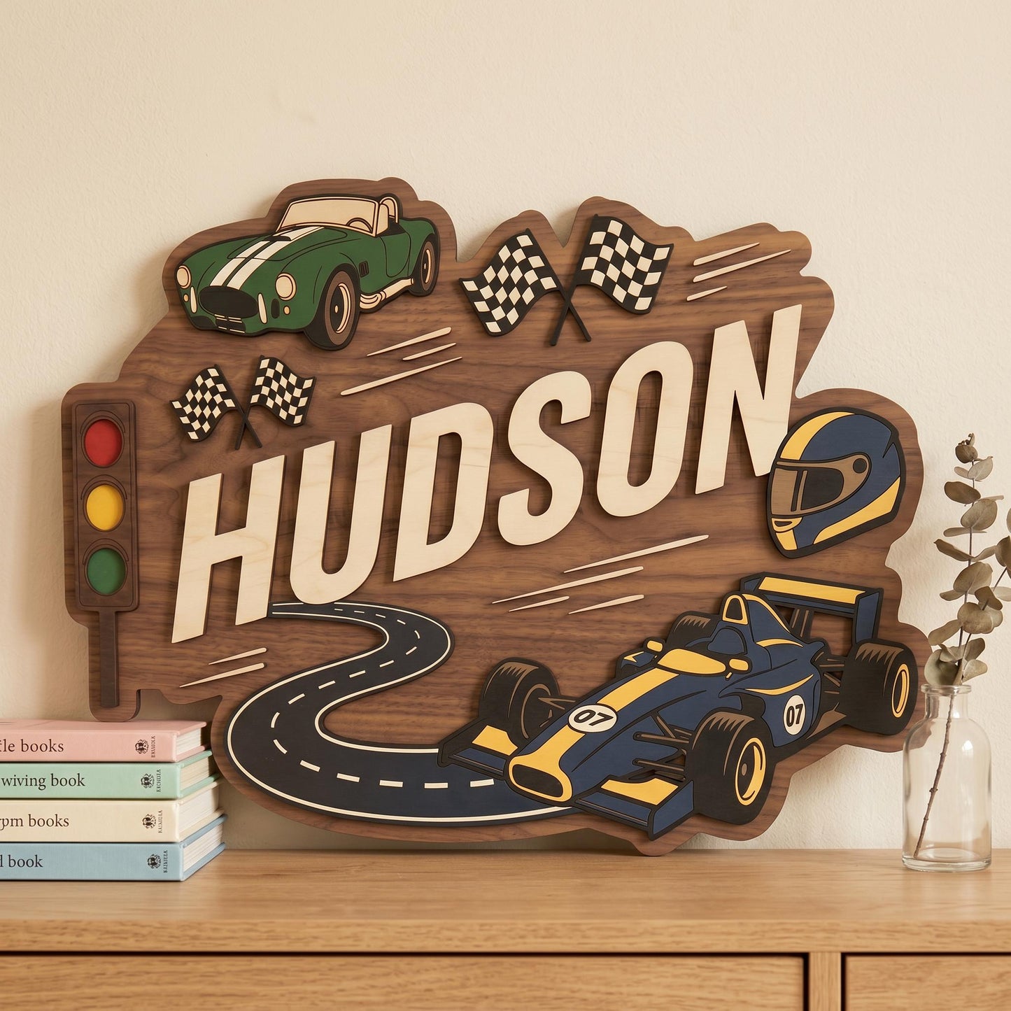Personalized Racing Theme Nursery Name Sign, Custom 3D Wood Race Car Baby Room Decor, Toddler Boy Playroom Wall Art, New Parents Gift Ideas