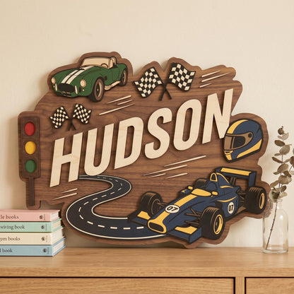 Personalized Racing Theme Nursery Name Sign, Custom 3D Wood Race Car Baby Room Decor, Toddler Boy Playroom Wall Art, New Parents Gift Ideas
