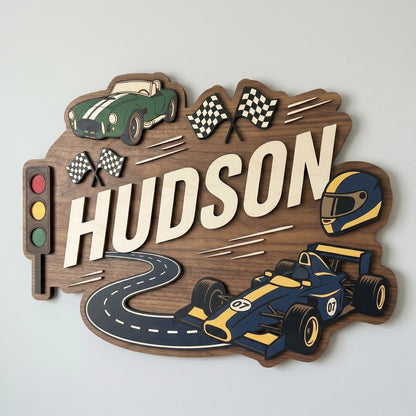 Personalized Racing Theme Nursery Name Sign, Custom 3D Wood Race Car Baby Room Decor, Toddler Boy Playroom Wall Art, New Parents Gift Ideas