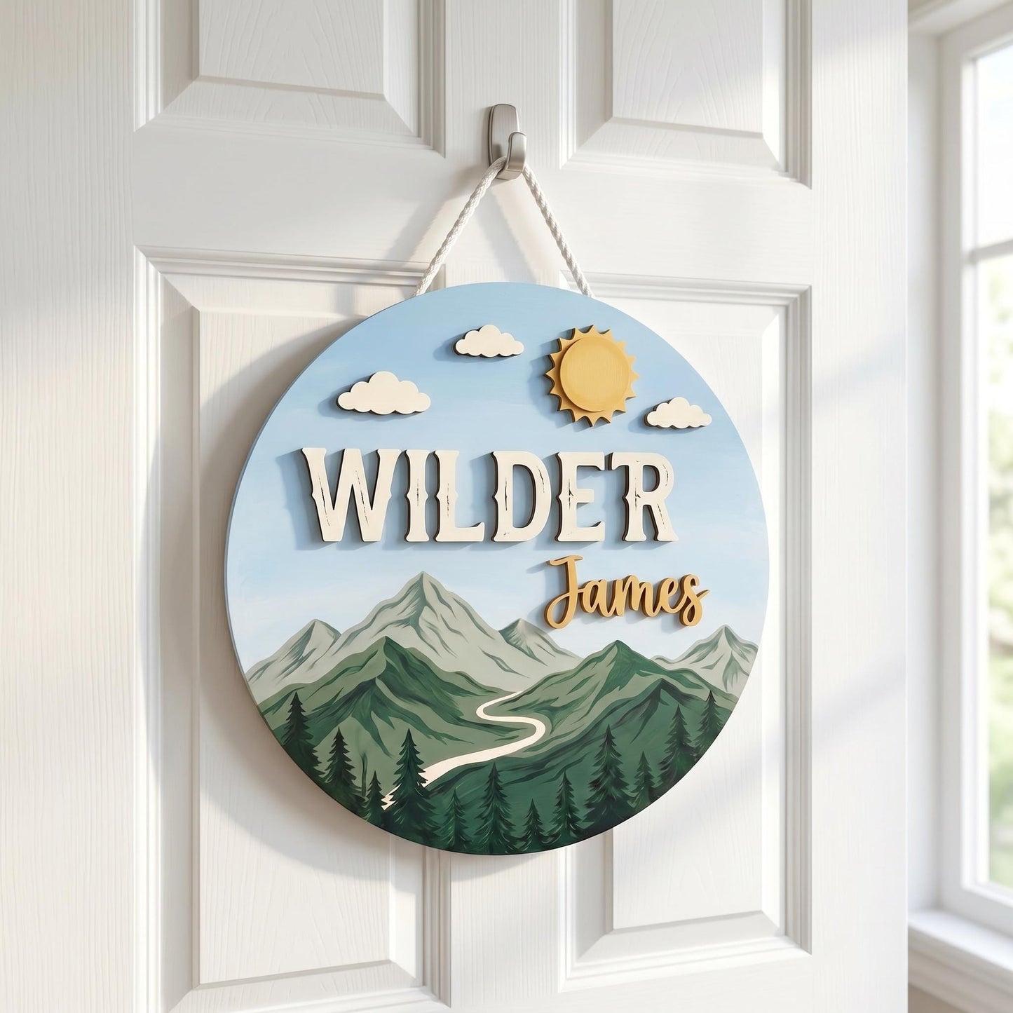 Custom Mountain Nursery Name Sign 3D, Personalized Woodland Baby Boy Room Wall Decor, Rustic Wood Adventure Plaque, New Parents Gift Ideas