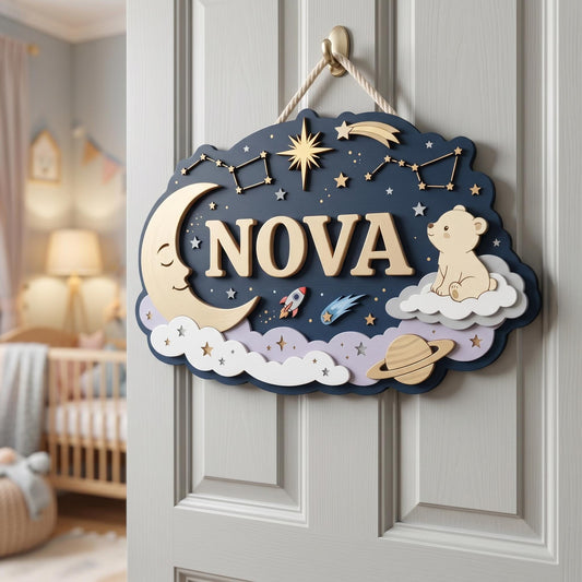 Custom Celestial Nursery Name Sign 3D, Personalized Outer Space Baby Girl Boy Room Wall Decor, Wood Moon Star Plaque, New Parents Gift Ideas