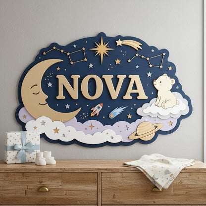 Custom Celestial Nursery Name Sign 3D, Personalized Outer Space Baby Girl Boy Room Wall Decor, Wood Moon Star Plaque, New Parents Gift Ideas