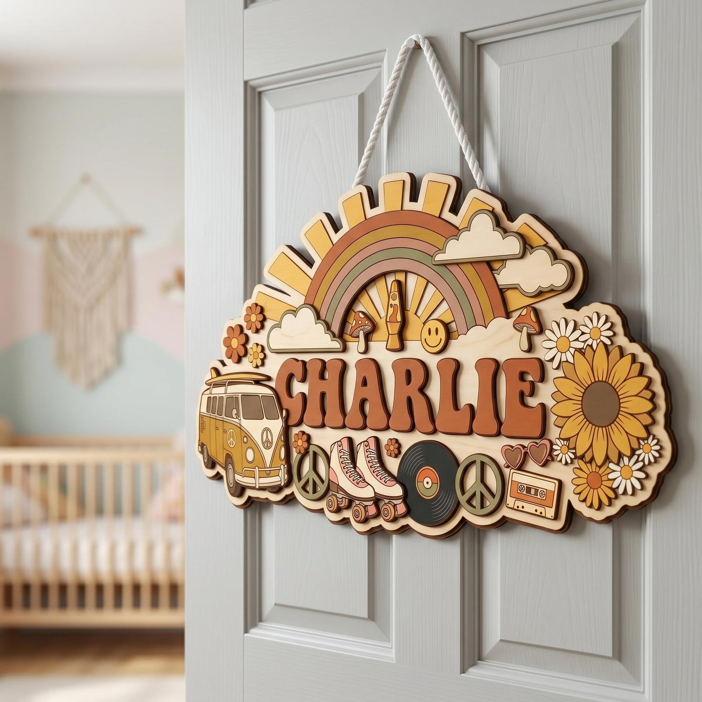 Custom Groovy Nursery Name Sign 3D, Personalized 70s Retro Baby Room Wall Decor, Wood Hippie Van Sun Flower Plaque, New Parents Gift Ideas