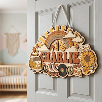 Custom Groovy Nursery Name Sign 3D, Personalized 70s Retro Baby Room Wall Decor, Wood Hippie Van Sun Flower Plaque, New Parents Gift Ideas