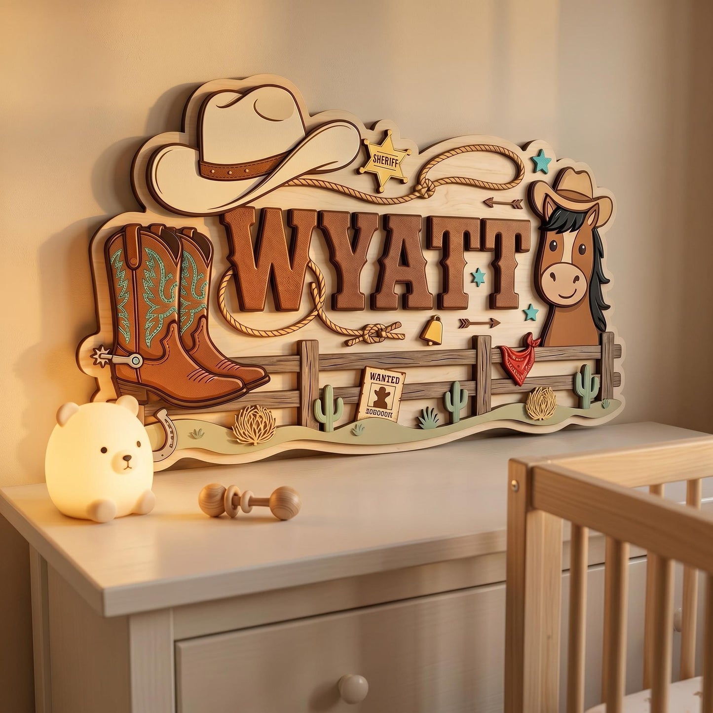 Custom Cowboy Nursery Name Sign 3D, Personalized Western Baby Boy Room Wall Decor, Wood Horse Boot Sheriff Plaque, New Parents Gift Ideas