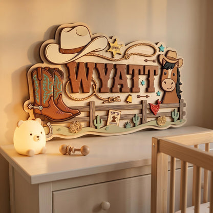 Custom Cowboy Nursery Name Sign 3D, Personalized Western Baby Boy Room Wall Decor, Wood Horse Boot Sheriff Plaque, New Parents Gift Ideas