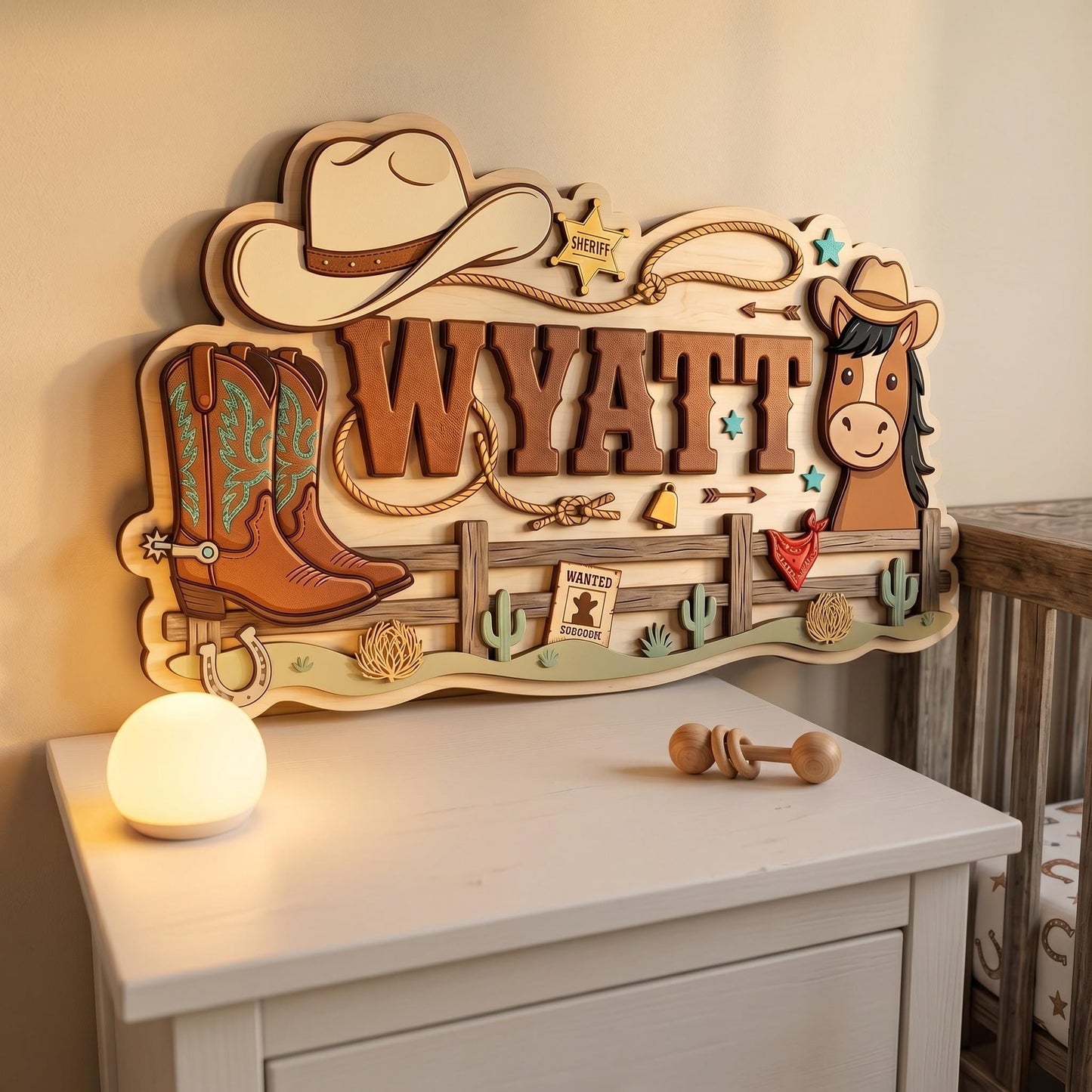 Custom Cowboy Nursery Name Sign 3D, Personalized Western Baby Boy Room Wall Decor, Wood Horse Boot Sheriff Plaque, New Parents Gift Ideas