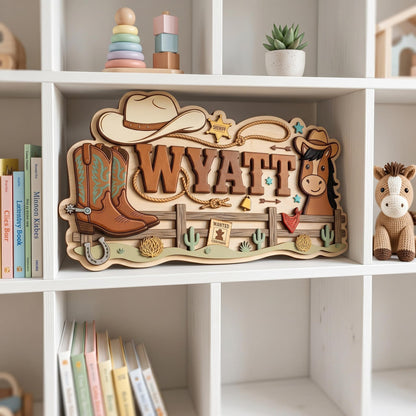Custom Cowboy Nursery Name Sign 3D, Personalized Western Baby Boy Room Wall Decor, Wood Horse Boot Sheriff Plaque, New Parents Gift Ideas