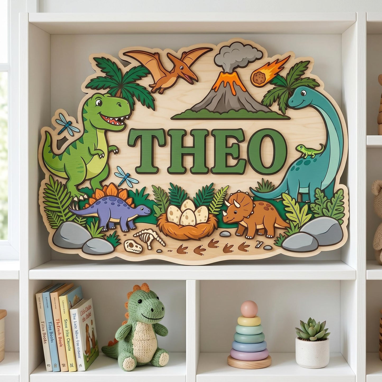 Custom Dinosaur Nursery Name Sign 3D, Personalized Jurassic Baby Boy Room Wall Decor, Wood T-Rex Volcano Plaque, New Parents Gift Ideas