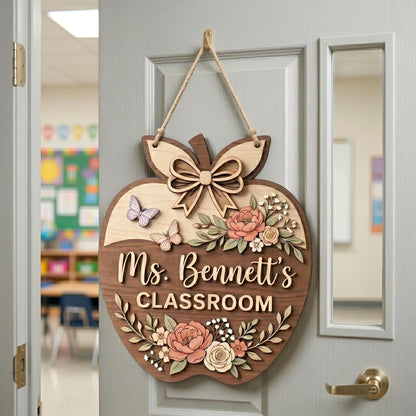 Personalized Teacher Apple Sign, Custom 3D Wood Classroom Door Decor, Floral Welcome Classroom Sign, Teacher Appreciation Gift, Wooden.