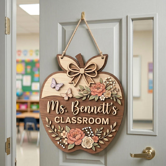 Personalized Teacher Apple Sign, Custom 3D Wood Classroom Door Decor, Floral Welcome Classroom Sign, Teacher Appreciation Gift, Wooden.