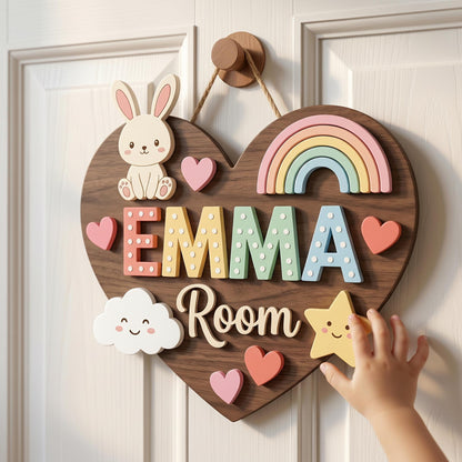 Custom Heart Nursery Name Sign 3D, Personalized Bunny Rainbow Baby Girl Room Wall Decor, Cute Polka Dot Wood Plaque, New Parents Gift Ideas