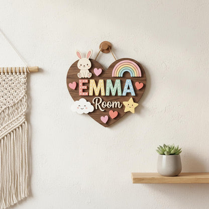 Custom Heart Nursery Name Sign 3D, Personalized Bunny Rainbow Baby Girl Room Wall Decor, Cute Polka Dot Wood Plaque, New Parents Gift Ideas