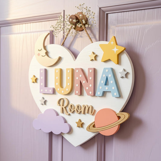 Personalized Moon Star Nursery Wall Decor, Custom 3D Wood Heart Shaped Name Sign, Baby Girl Bedroom Door Hanger Plaque, Baby Shower Gift