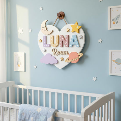 Personalized Moon Star Nursery Wall Decor, Custom 3D Wood Heart Shaped Name Sign, Baby Girl Bedroom Door Hanger Plaque, Baby Shower Gift